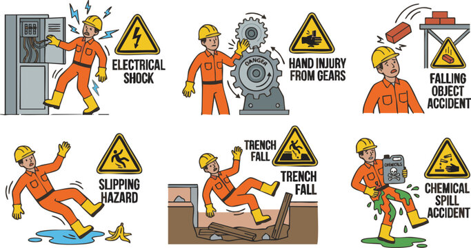 Workplace Safety Hazards and Construction Accident Icon Set