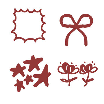 Cute hand drawn doodle elements collection in a red aesthetic and kawaii style. This clipart bundle includes decorative frames, ribbon bows, floral doodles, heart characters, stars, handwritten Japane
