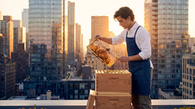 Rooftop beehive colony in a dense urban skyline, a young professional beekeeper in denim apron inspecting frames with bare hands against a b 3