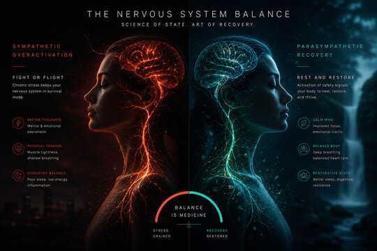 An infographic illustrates the balance between sympathetic overactivation (fight or flight) and parasympathetic recovery in the nervous system.