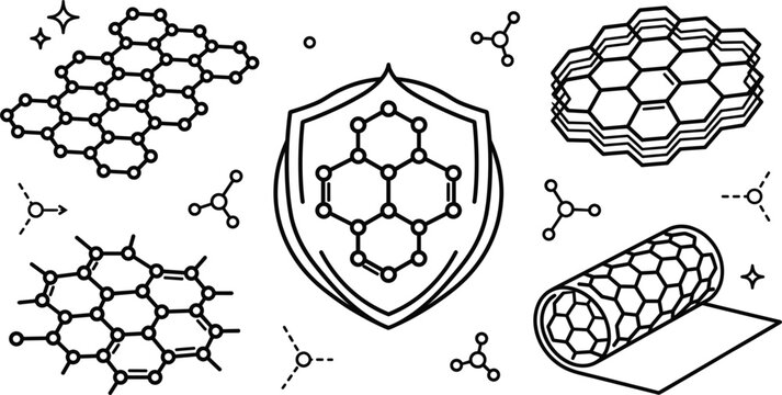 Graphene chemical structure vector set with carbon nanotube honeycomb lattice molecular formula nanotechnology shield icons on white background