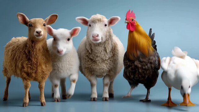 Animals stand together in a lineup against a blue background with various breeds present in a studio setup