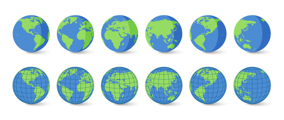Flat Planet Earth and World Globe Icons Collection with Global Map Grid Vector Set © Jer