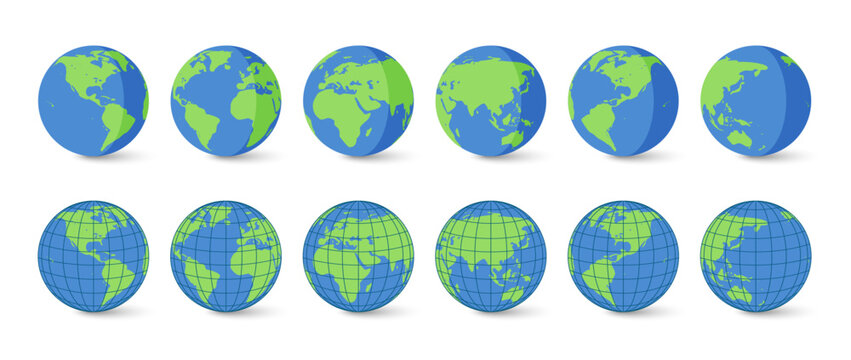 Flat Planet Earth and World Globe Icons Collection with Global Map Grid Vector Set