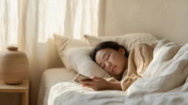 Sleeping person checks phone while resting in cozy bed with soft white sheets in bright room during morning hours