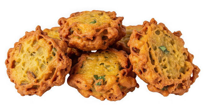Golden crispy vegetable fritters piled together for a delicious snack featuring savory textures captured in this isolated photo on transparent background