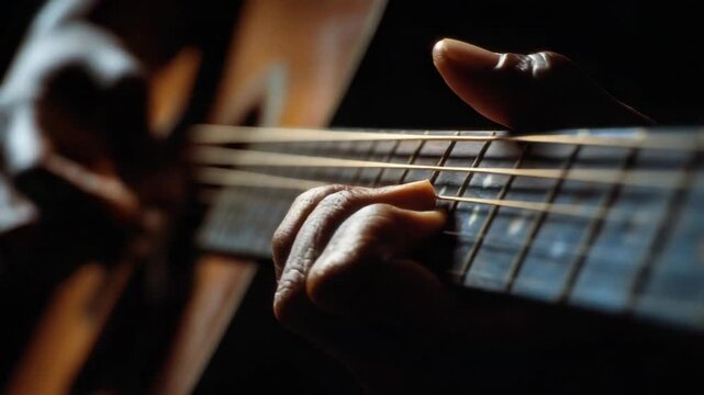 Fingers move over guitar strings in a dim room creating melodies in the evening light