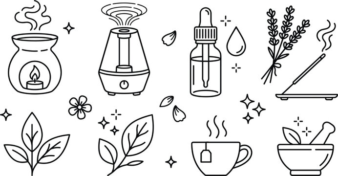 Aromatherapy wellness line icon set with humidifier oil dropper diffuser incense stick lavender tea and herbal mortar vector
