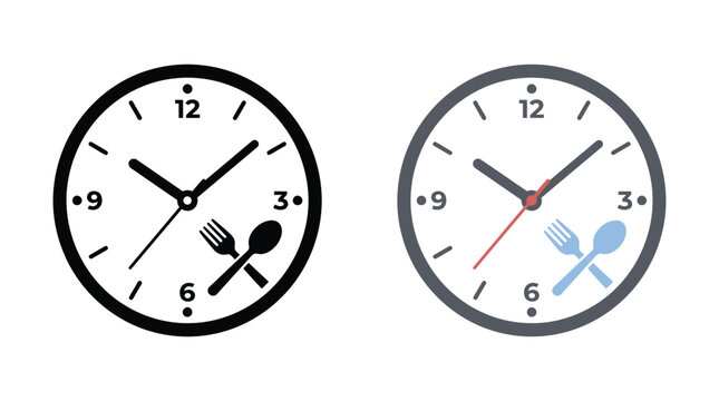 Two minimalist clock icons featuring integrated fork and spoon symbols representing lunch time or meal schedules displayed in a clean graphic style for professional restaurant designs