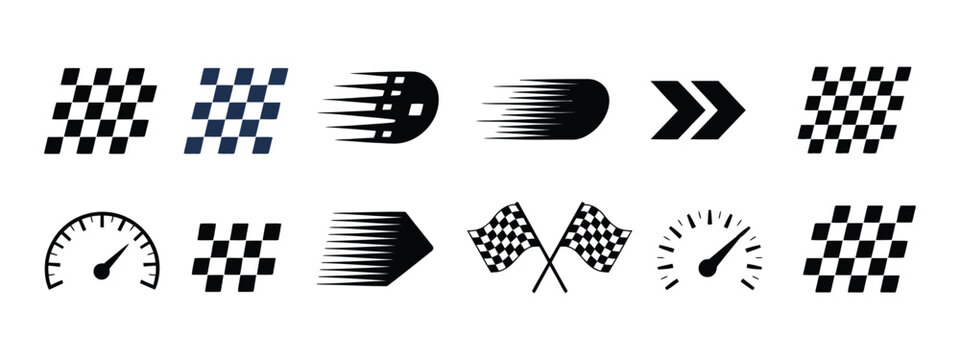Racing stripe vector set, racing flags checkered patterns speed lines arrows and start finish banners, motorsport design elements for automotive race graphics and dynamic vector illustration.