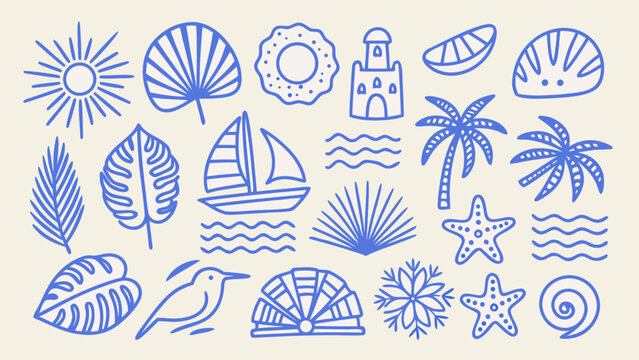 Blue line art illustration depicting a collection of seaside elements including shells plants and a sailboat beachcombing coastal marine oceanic seascape