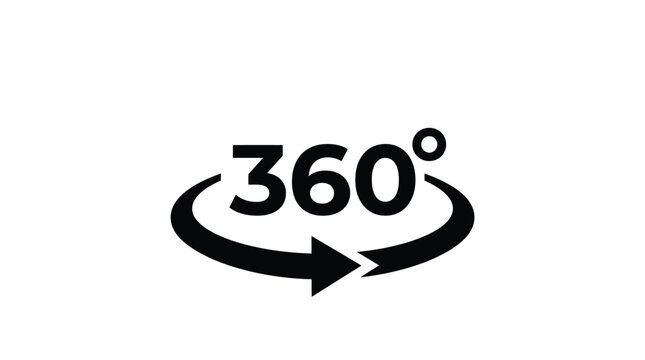 Black graphic icon representing a three hundred sixty degree view rotation symbol isolated on a plain white surface captured as a high quality digital design photo