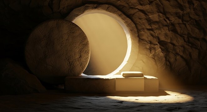 Stone tomb entrance with a large circular rock rolled away and warm light shining from inside