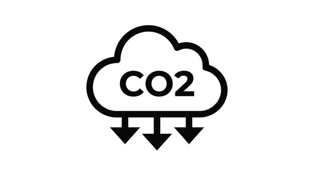 A clean and simple black graphic icon showing a carbon dioxide cloud with downward pointing arrows representing the reduction of greenhouse gases in our global atmosphere.