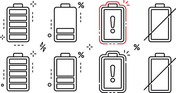 Battery status power alert icon set line art doodle vector illustration with full low dead and warning indicator