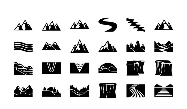 Geographical landform silhouette vector icons set with mountains, rivers, valleys, and nature symbols
