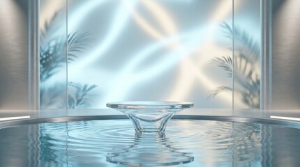Fototapeta premium Modern Pedestal Display with Rippling Water and Tropical Foliage