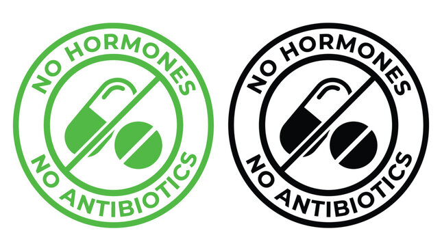 Two circular icons featuring medicine capsules and tablets inside a crossed out circle symbol representing the absence of hormones and antibiotics in this graphic design image
