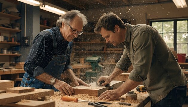 Two men woodworking in a workshop, shaving wood with a plane, sawdust flying.