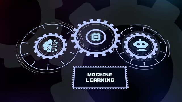 Machine learning conceptual graphic featuring dark hud interface with digital gears and artificial intelligence icons.
