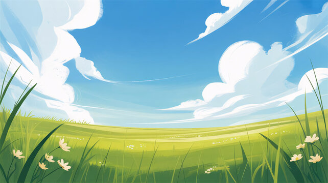 Serene landscape, green field, blue sky with clouds, cartoon scenery, nature background