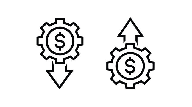 Simple line icon illustration showing two different gear wheels with dollar signs and directional arrows representing financial growth and decline in a clean graphic style