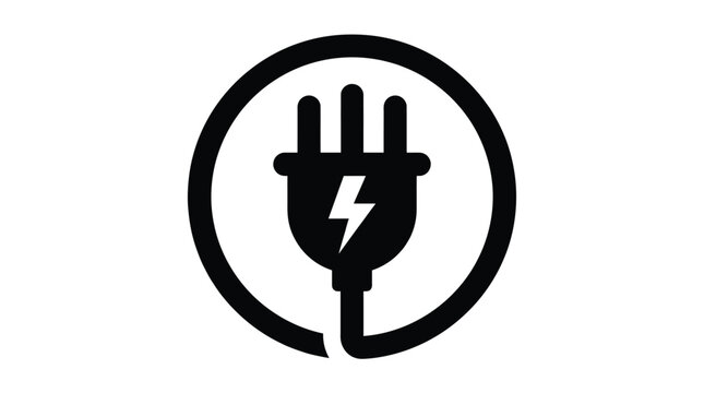 Black and white illustration depicting a standard electrical plug icon with a lightning bolt symbol centered inside a circle for use in various digital media projects