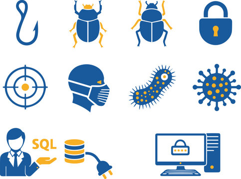 Collection of blue flat icons depicting security threats viruses data protection and digital safety on white background