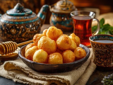 Golden Kazakh Baursaks Served on Traditional Tea Table with Ornamental Teapot