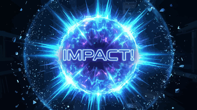 Vibrant blue energy sphere explodes with immense power, creating a dynamic shockwave and shattering surrounding elements, symbolizing a monumental impact or critical breakthrough