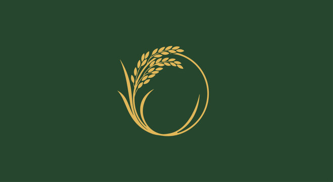 A minimalist golden wheat or rice ear emblem in a circular design on a dark green background, representing organic growth and quality.