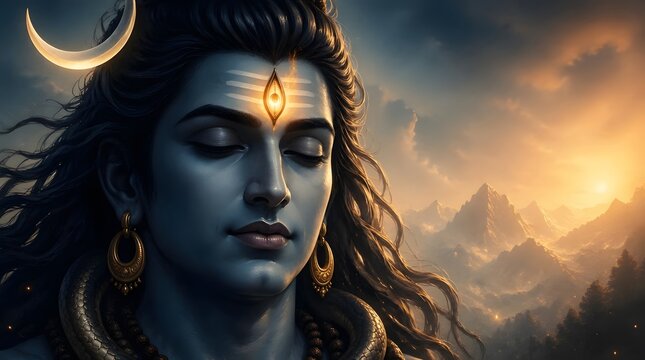 Mystical Blue Skinned Woman with Third Eye in Golden Sunset Mountain Landscape