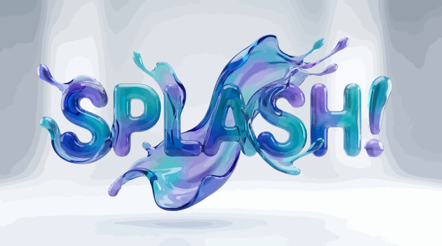 Dynamic 3D rendered typography spelling 'SPLASH!' with vibrant blue and purple liquid effects, showcasing fluid motion and abstract art