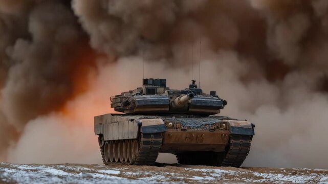 Military tank displays power with explosion during training exercise in open field