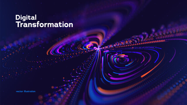 uturistic Digital Transformation Background With Abstract Neon Curves, Big Data Motion And Artificial Intelligence Interface. Modern Digital Systems Vector Illustration.