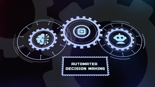 Automated decision making concept with futuristic digital gears and smart artificial intelligence icons on dark hud interface.