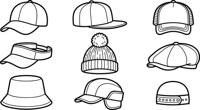 Hat and Cap Line Art Icon Set with Baseball Snapback Beanie and Bucket Variety for Graphic Designs
