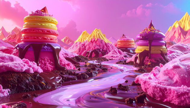 Surreal dreamscape with mountains made of stacked colorful macarons flowing with chocolate rivers and candy terrain