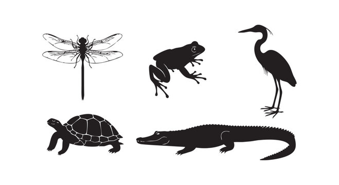 Wetland animals silhouette bundle featuring dragonfly frog turtle heron and alligator in black and white for nature theme vector illustration.