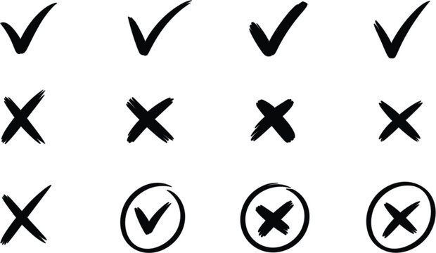Hand drawn checkmark and cross symbols collection featuring validation approval and rejection vector illustration icons