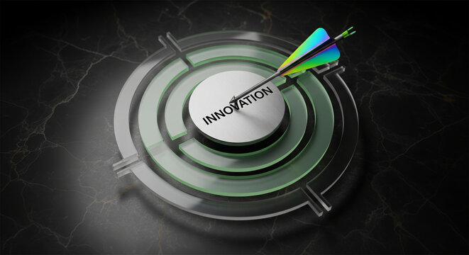 Innovation target concept with dart hitting bullseye, metallic business goal achievement, corporate strategy success on dark marble background