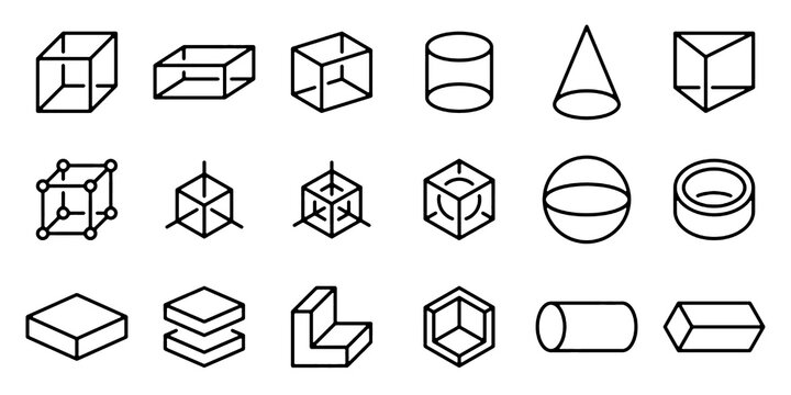 Three Dimensional Geometry Line Icons Set. Cube, Sphere, Pyramid, Cone, Prism, Polygon, Wireframe and Mathematical Shapes Vector Illustration Collection.