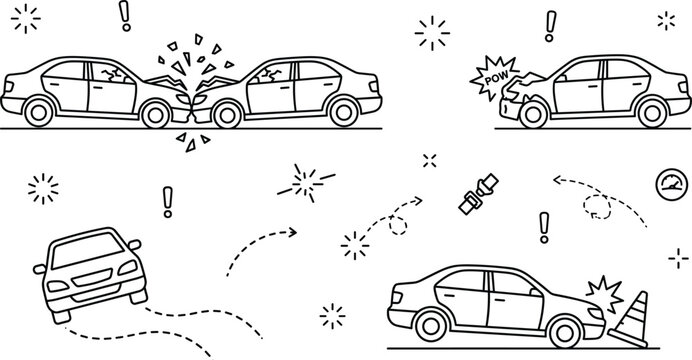 Car accident and crash icon set line art vector doodle illustration with auto collision traffic safety road disaster