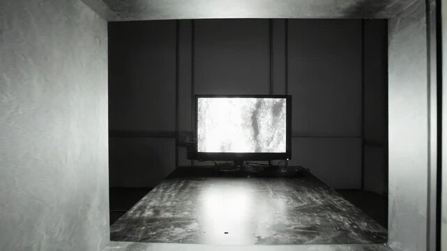 Computer monitors displaying a bright abstract static pattern, creating a sense of digital chaos and data overload within a dimly lit technical environment