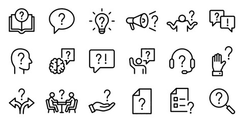 Question and FAQ Line Icons Set. Help, Support, Quiz, Search, Communication, Decision Making and Problem Solving Vector Illustration Collection.