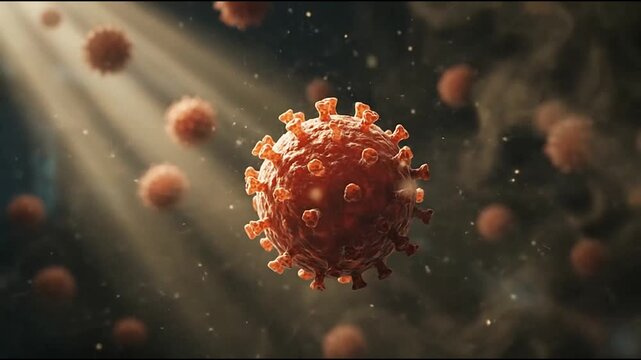 Coronavirus cells floating through space in a cinematic 4k video sequence showcasing scientific research and microscopic medical animation motion