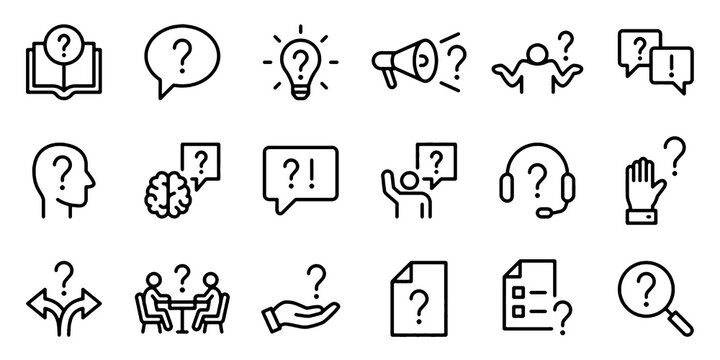 Question and FAQ Line Icons Set. Help, Support, Quiz, Search, Communication, Decision Making and Problem Solving Vector Illustration Collection.