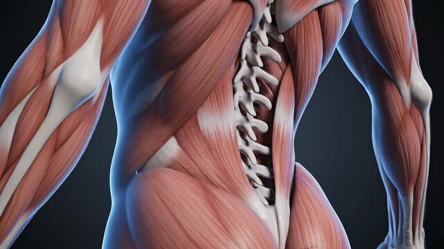 Detailed anatomical 3D rendering of the human lower back, showcasing the muscular system and visible spine with strong definition and dramatic lighting, for human muscular system education.