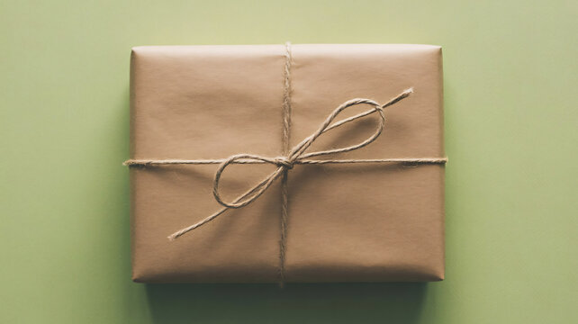 Gift wrapped in brown paper, tied with string, on green background, present, packaging
