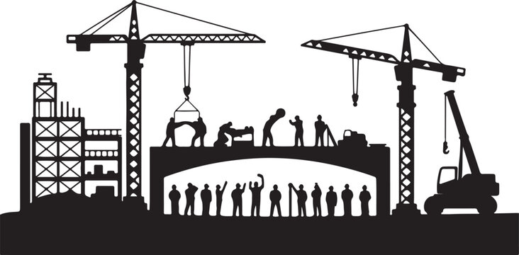 Construction site silhouette with cranes and workers building a bridge or structure